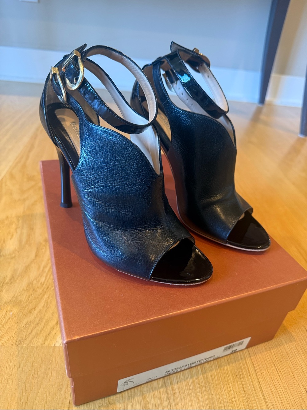 Baldinini Black Leather Open-Toe Ankle Strap Heels with Gold Buckles
